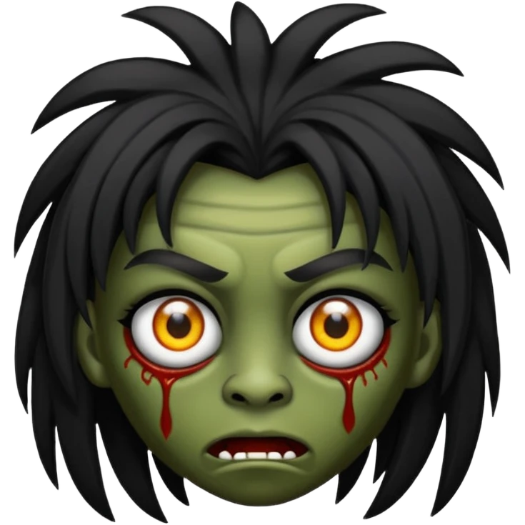 Uma zumbi com os cabelos pretos, longos, liso e com franja, olhos castanhos emoji