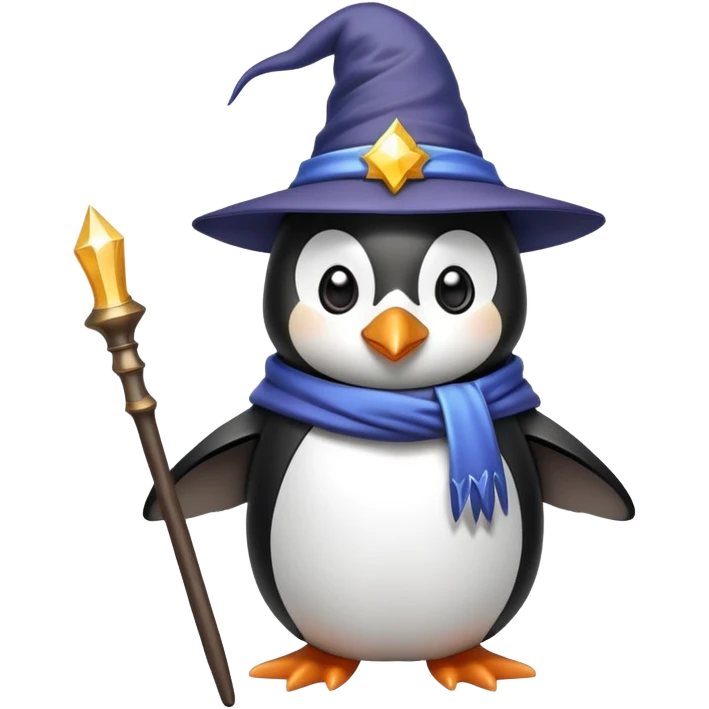 Penguin wearing a wizard hat and holding a magic wand emoji