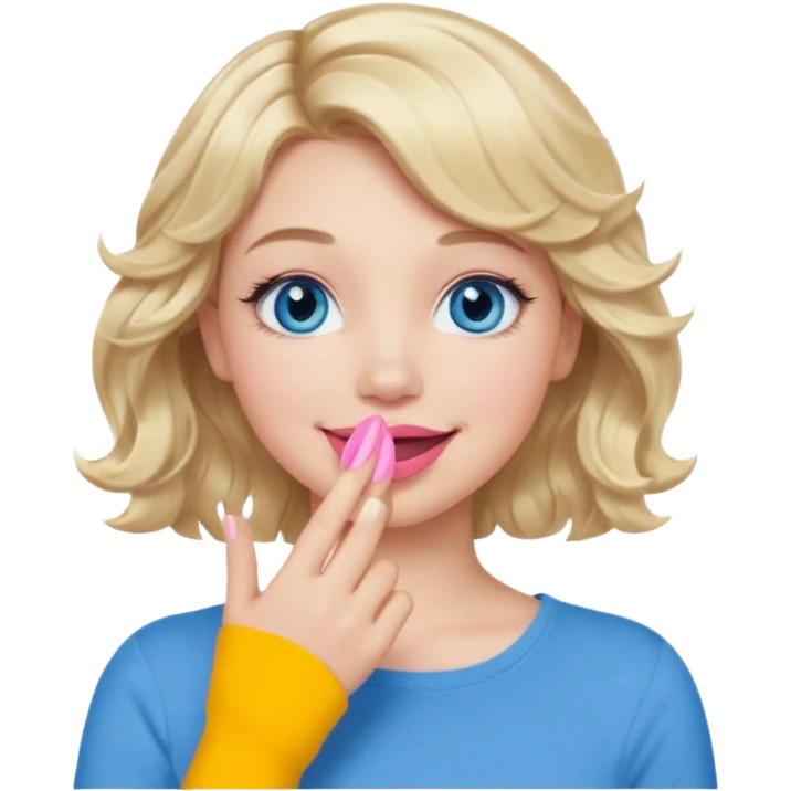 Girl Blonde short wavy hair,  blue eyes, cute blue top, long lashes, pink lips, smiling, hand covering the mouth emoji