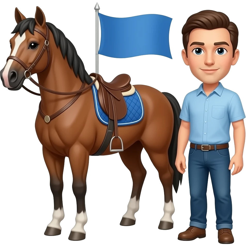 Horse with a blue flag on it and a person here emoji