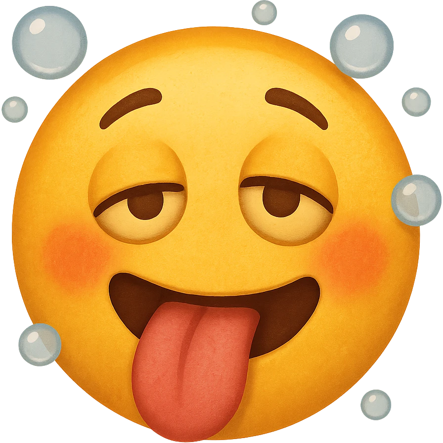 yellow face with tongue out, flushed cheeks, and bubbles, drunk expression emoji