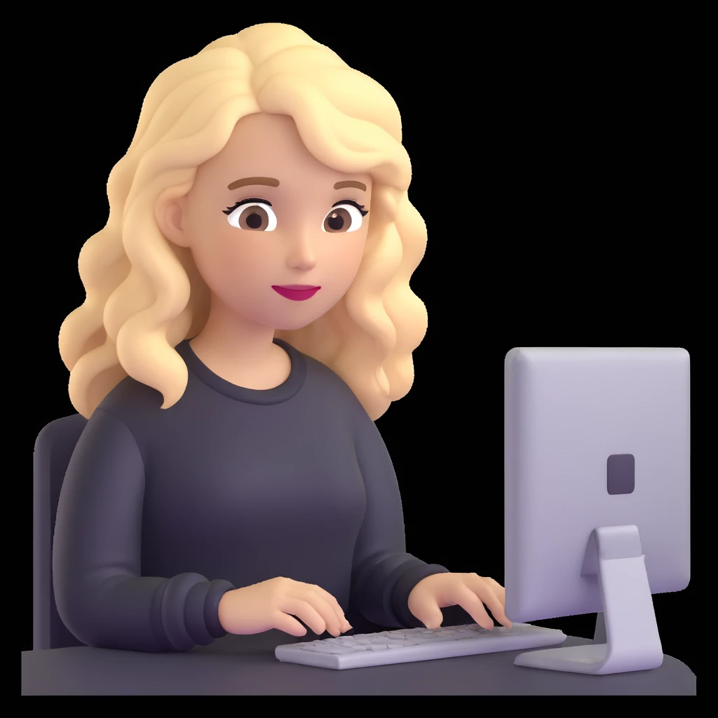 brown-eyed blonde young woman with wavy hair, wearing a black sweater, working on a computer in a cozy office emoji