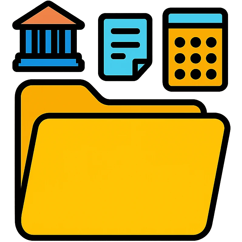 Closed folder icon with small symbols floating around: bank building, credit card, calculator, and document – organized financial archive emoji