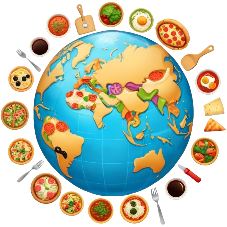 Icon for Gastronomic Tourism: a globe with various cuisines from around the world, such as pizza, sushi, tacos, and pasta, surrounded by food-related travel elements like a fork, knife, and map. Transparent background. emoji