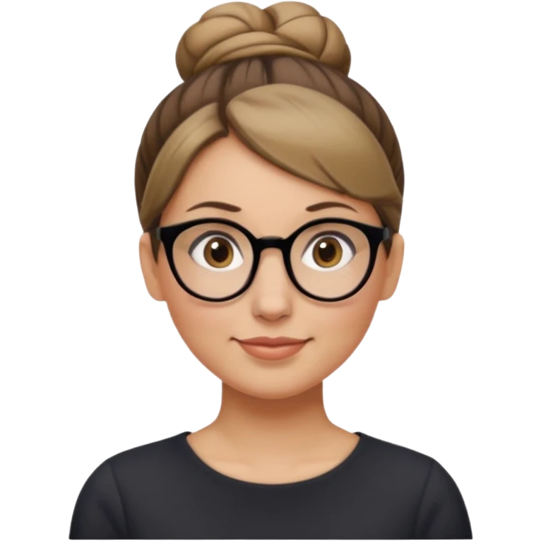 femme de 38 ans avec des cheveux blond foncé, un chignon haut, yeux bruns, lunettes rondes emoji