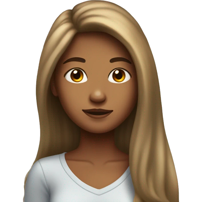 Teenage girl with tan skin, long chest-length hair, and fluffy hair emoji