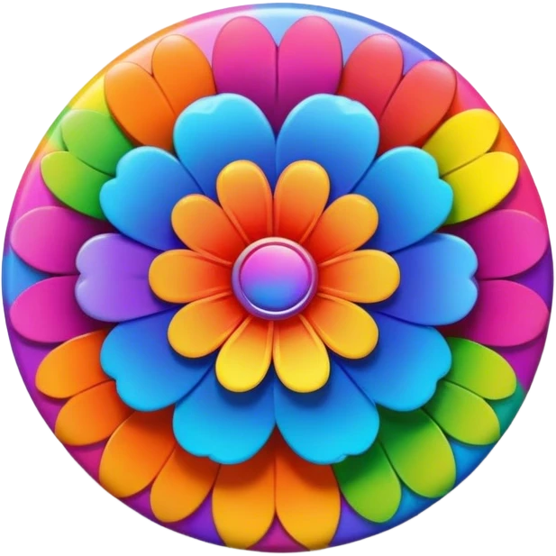 A round psychedelic colored button with rainbow colored flowers in the center emoji