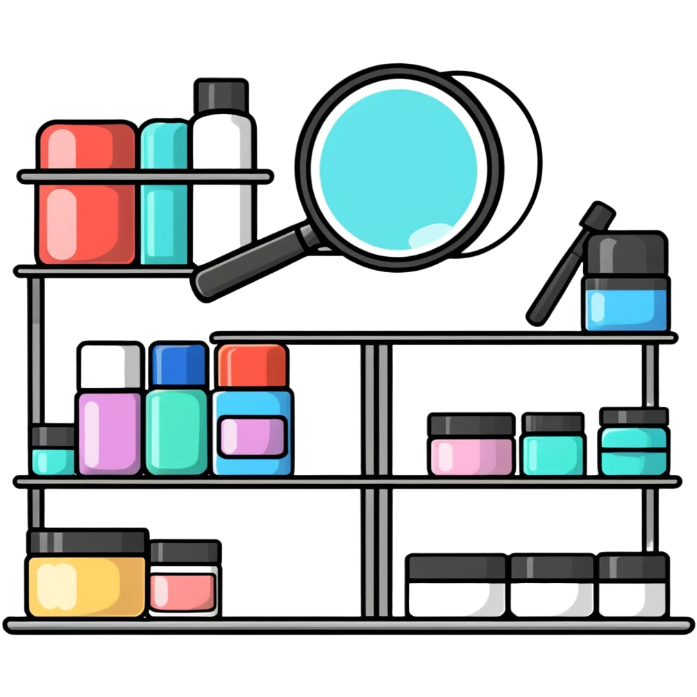 magnifying glass over empty beauty product shelf, searching emoji