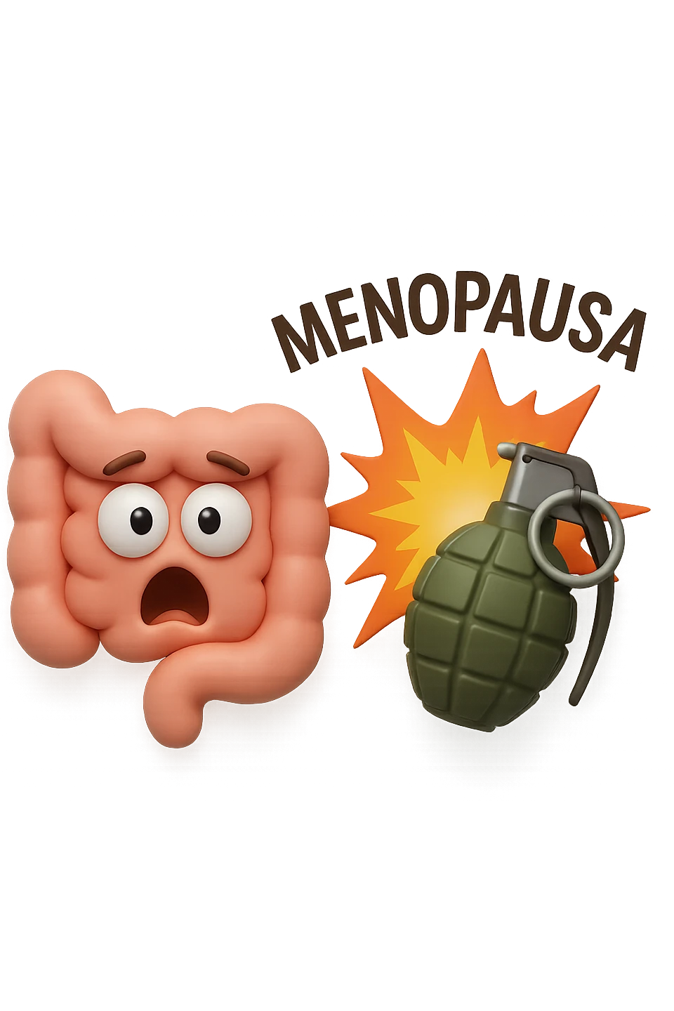 EMOJI STILE IPHONE 3D DI INTESTINO 3D CON ESPRESSIONE SCIOCCATA IN VOLTO MENTRE ACCANTO A LUI SCOPPIA UNA GRANATA 3D CON LA SCRITTA "MENOPAUSA" SOPRA, FAGLI ANCHE LA PARTE BIANCA DEGLI OCCHI, NON SOLO LA PUPILLA emoji