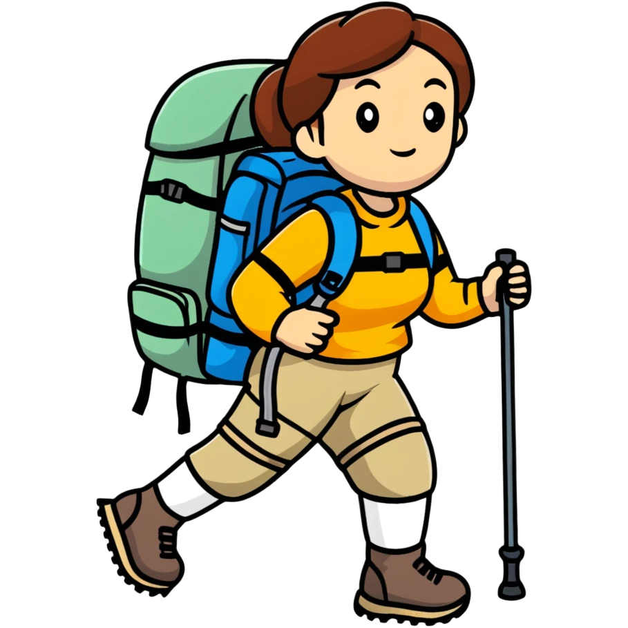 female hiker with backpack and hiking poles emoji