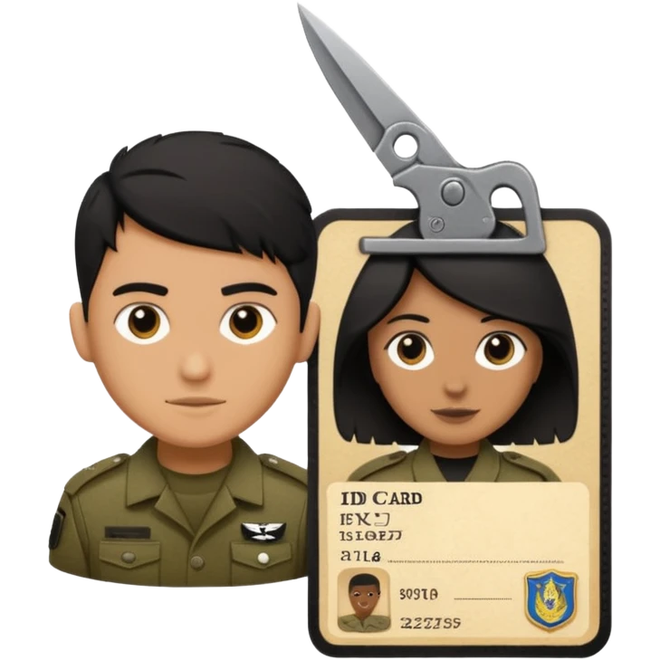 black Scissors cutting an idf soldier ID card in 2 parts .hyper realistic emoji