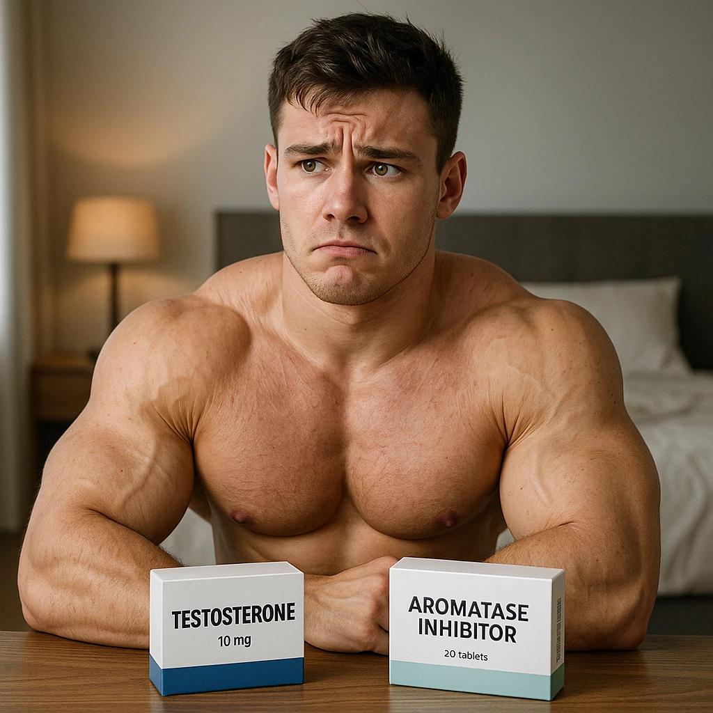 realistic muscular young man with box of testosterone and package of aromatase inhibitor on table, uncertain expression, swollen muscles but marked skin, bedroom background, 4K quality emoji