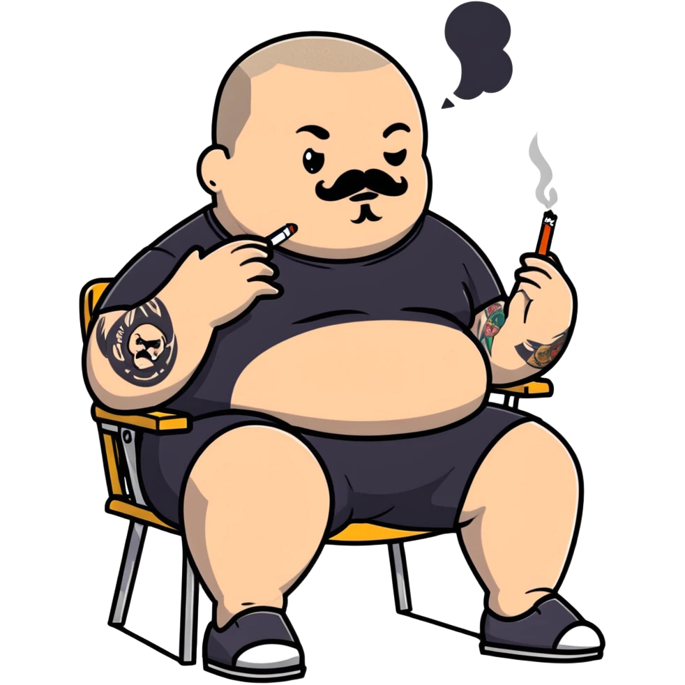 Overweight man sitting back in chair with legs spread, holding cigarette, exposed belly, round face, very short buzzcut hair, short beard with mustache, black t-shirt with light stripes on top, black shorts, tattooed arms emoji