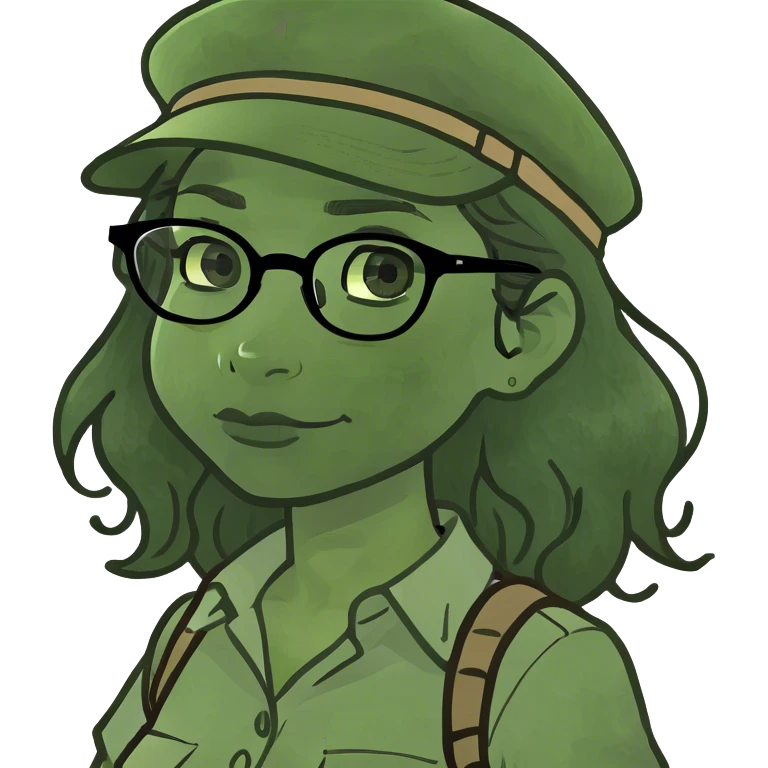 Girl with black wavy hair with glasses ending in the upper corners on peak dressed in safari emoji