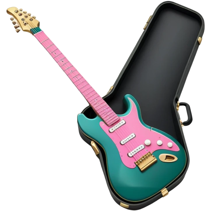 minimalist electric guitar in dark green with pink and blue stripe decal, closed inside a black rectangular hard case with gold latches, flat semi-3D style, soft matte textures, simplified details, stylized decal accent, ready-to-play symbol emoji
