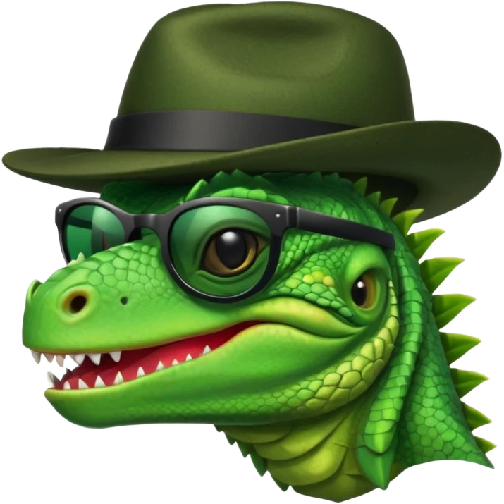 capitalist iguana head with black reflex sunglasses and hat smiling sarcastically emoji