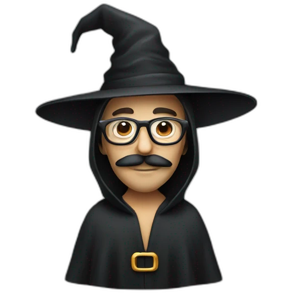 glasses and mustache man wearing witch hat and robe emoji