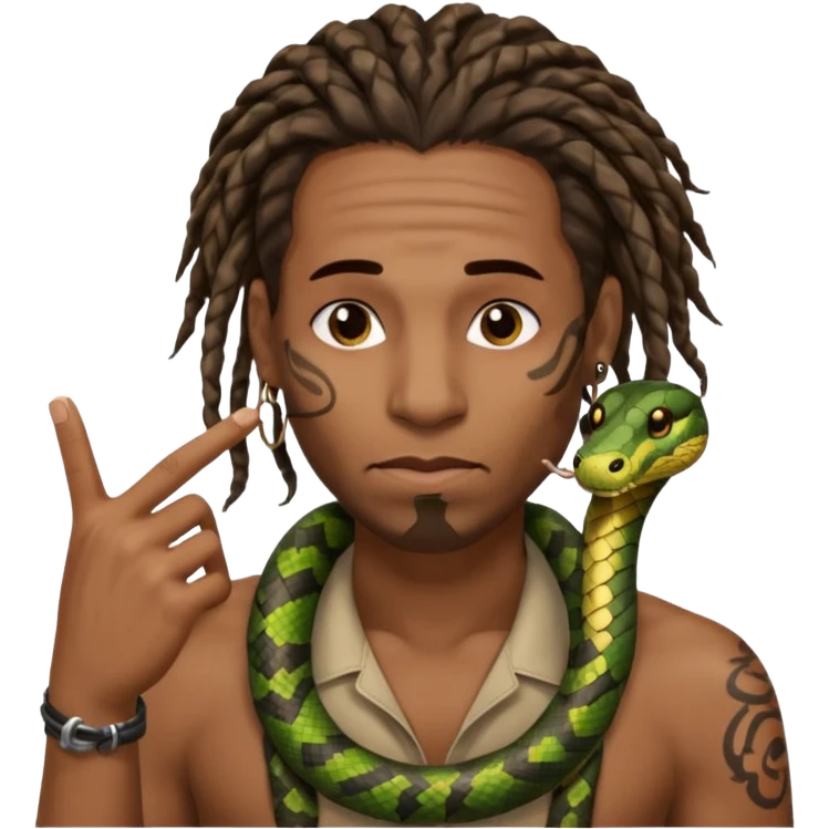 Black man with dreads and snake tattoo on forehead wiping his nose perpendicular with index finger emoji