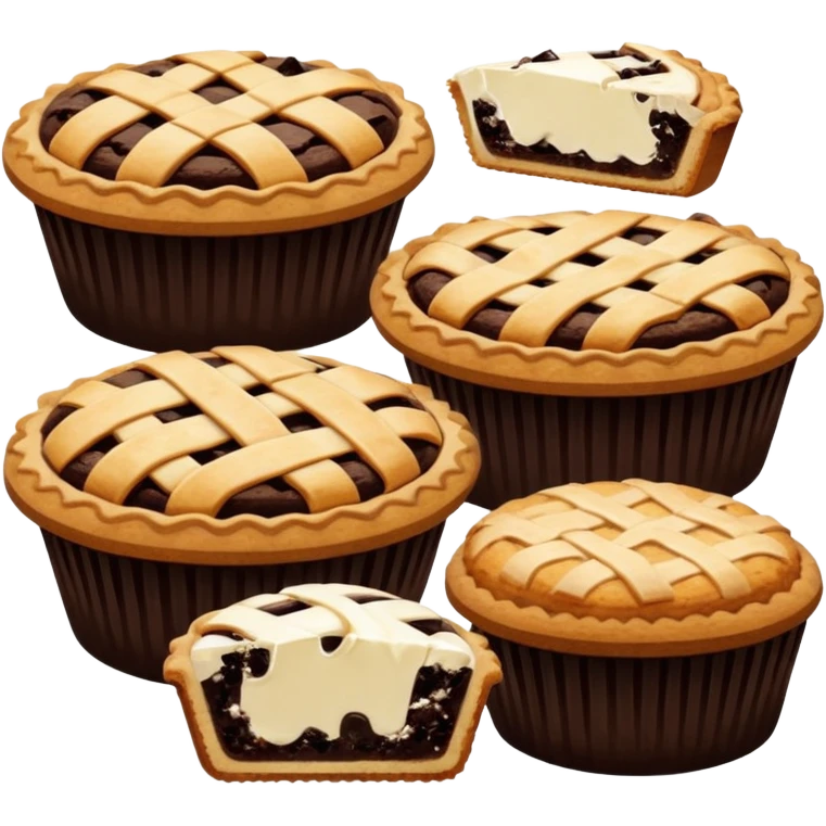 Baking community avatar in clean emoji-style illustration. Pies, cookies, and muffins grouped together, warm golden tones, simple shapes, flat design, high contrast, cozy and friendly. emoji