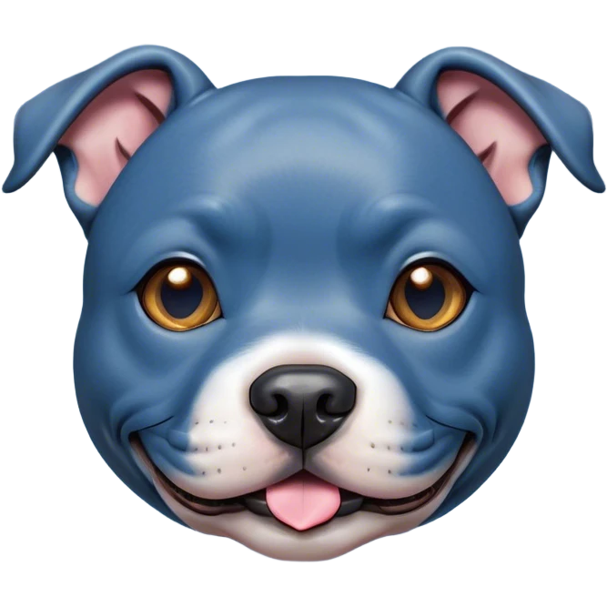 Cinematic Cute Blue Staffordshire Bull Terrier Portrait Emoji, Head tilted playfully and inquisitively, featuring a glossy blue Fur with a healthy sheen, round, sparkling dark eyes filled with curiosity, Simplified yet irresistibly adorable features, highly detailed, glowing with a warm, friendly glow, high shine, affectionate and spirited, stylized with a touch of whimsy, bright and endearing, soft glowing outline, capturing the essence of a mischievous yet loving pup, so playful it feels like it could bound out of the screen and into your arms! emoji