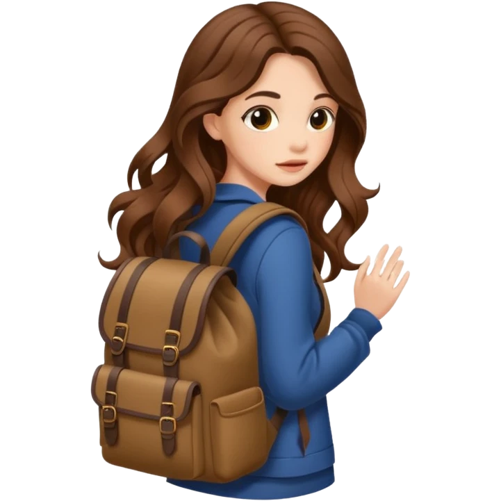 cute woman long wavy brown hair tattoos hiding in backpack emoji
