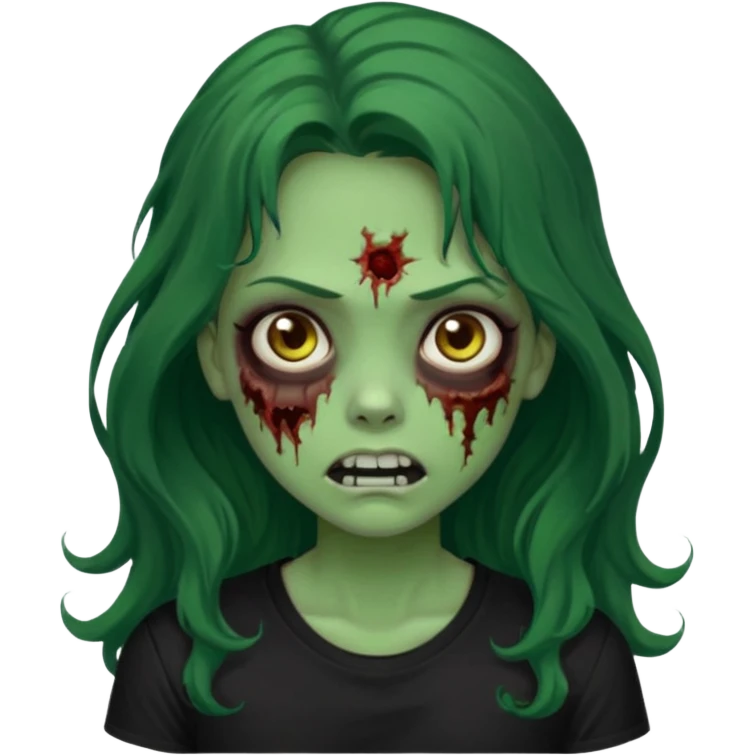 crie um emoji de uma garota zoombie pele verde e cabelo castanho e longo , assustadora e fofa com cabelo ondulado 2b e camiseta básica preta emoji