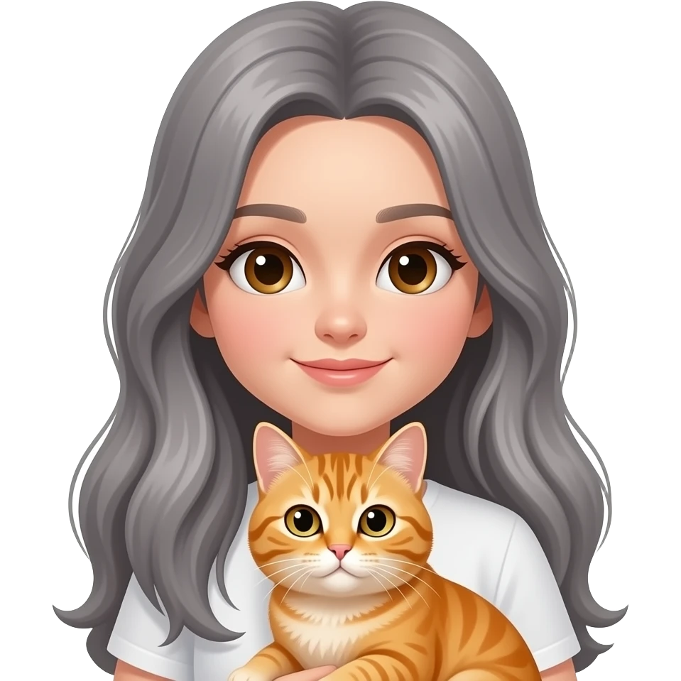 Gray long hair, no bangs in front,  parted on side with brown eyes girl holding orange cat emoji