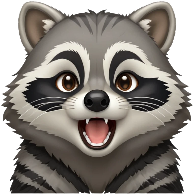 Cinematic-Cute-Yawning-Raccoon-Portrait-Emoji – Head tilted slightly with a dramatic, wide-open yawn, revealing a soft grey and black fur coat with a striped bushy tail, round brown eyes barely open in drowsy curiosity. emoji