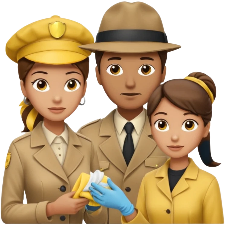 A cleaning Lady with Brown hair, high ponytail and yellow cleaning gloths is Talking to a Detektive (a man) with beige hat, a beige coat and he is interviewing the cleaning Lady emoji