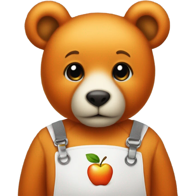 Small orange teddy bear wearing a bib with a picture of an apple on the bib  emoji