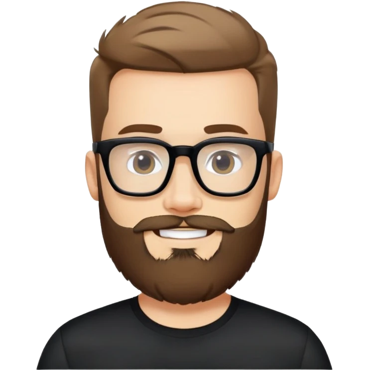 Fair-skinned man with full beard, short hair styled upward, large black-framed glasses, smiling, wearing black athletic fabric shirt emoji