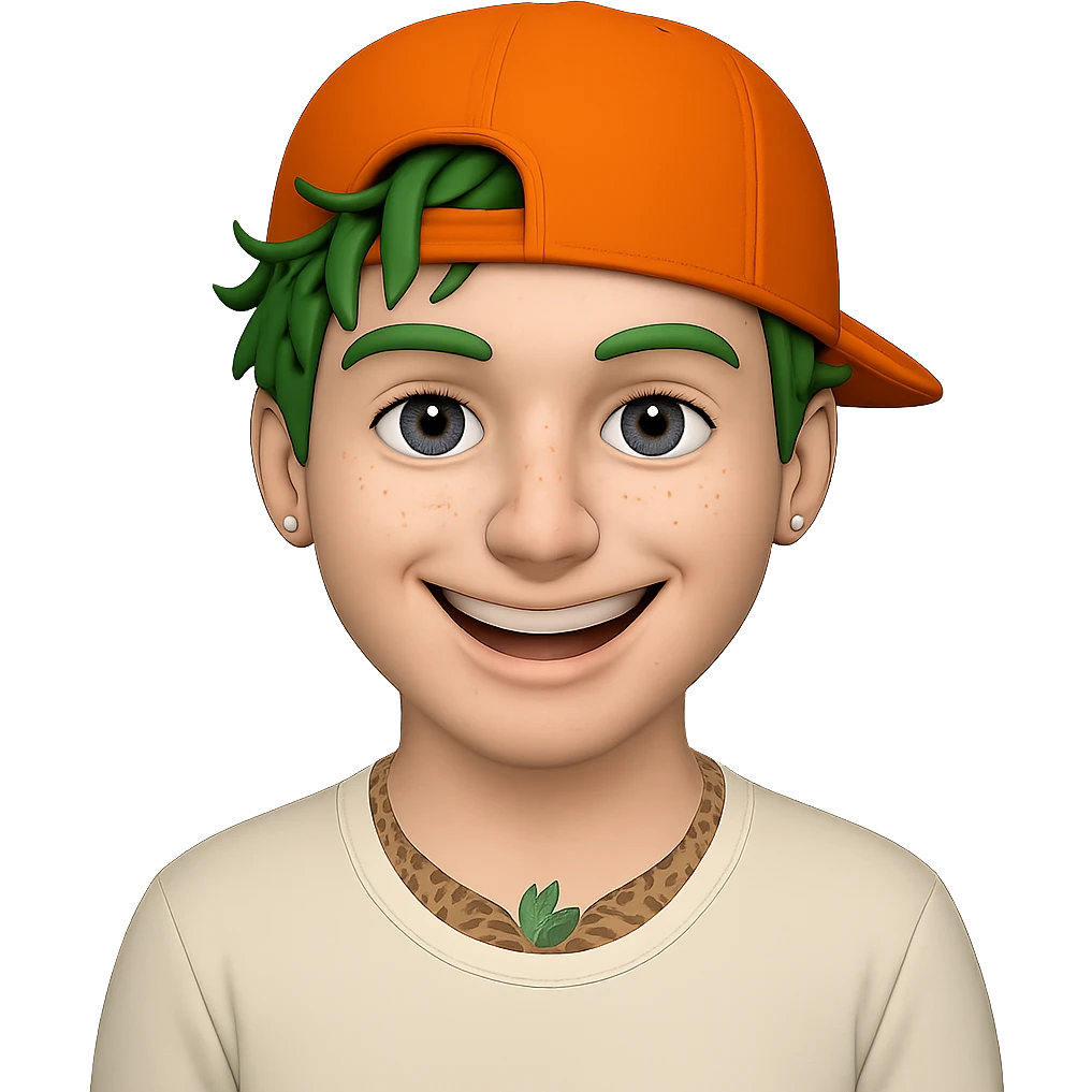 Transform the character into a white guy with bright green hair, remove the glasses, keep the orange cap, big smile, and tattoos. Maintain the same style as the original image. Transparent background. emoji