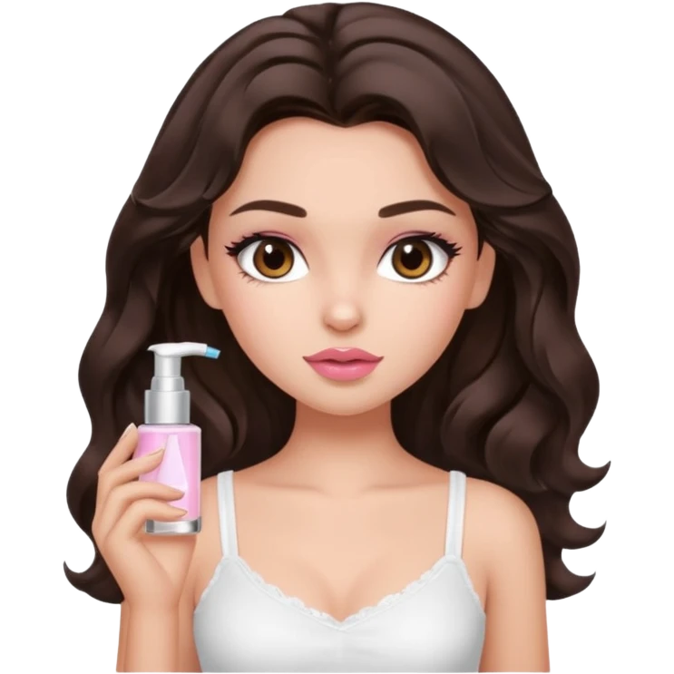 generate a pretty fair bratz girl with dark brown eyes. Dark brown hair wavy hair. light pink lipgloss. white cami top. doing skincare.  emoji