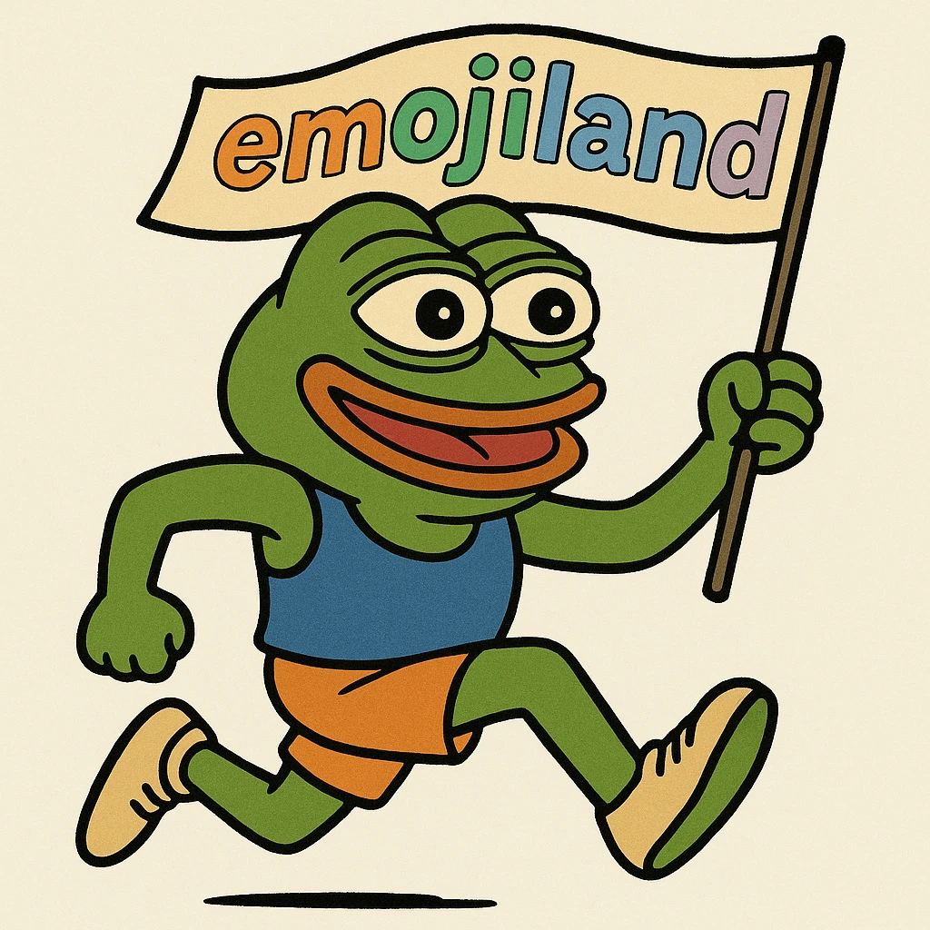 happy runner waving a flag that says 'emojiland' emoji