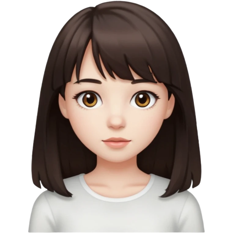 brunette girl with dark brown eyes, pale rosy skin, long hair and wispy bangs and a white top  emoji