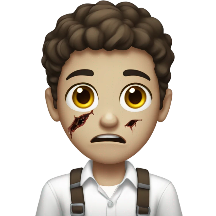 boy zombie teen with scared expression and dark brown hair and white slim shirt; brown eyes all black background emoji