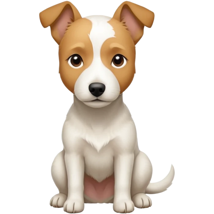 a full body facing front on of a buff white parson russell terrier looking dog the size of a kelpie with light brown long ears resting on its face and a light brown patch above one eye and a large snout. the rest of the dog is completely white.  emoji