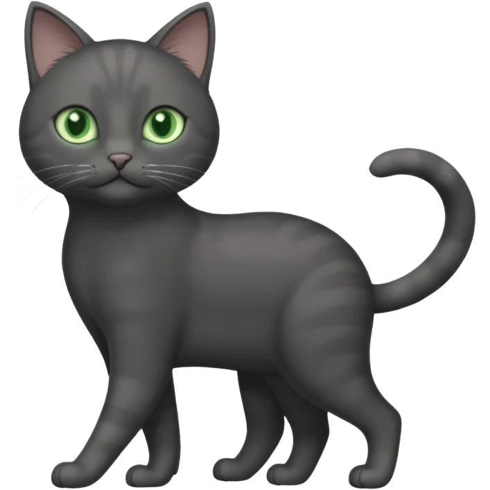 full body solid dark grey cat with green eyes, white paws and white whiskers walking emoji