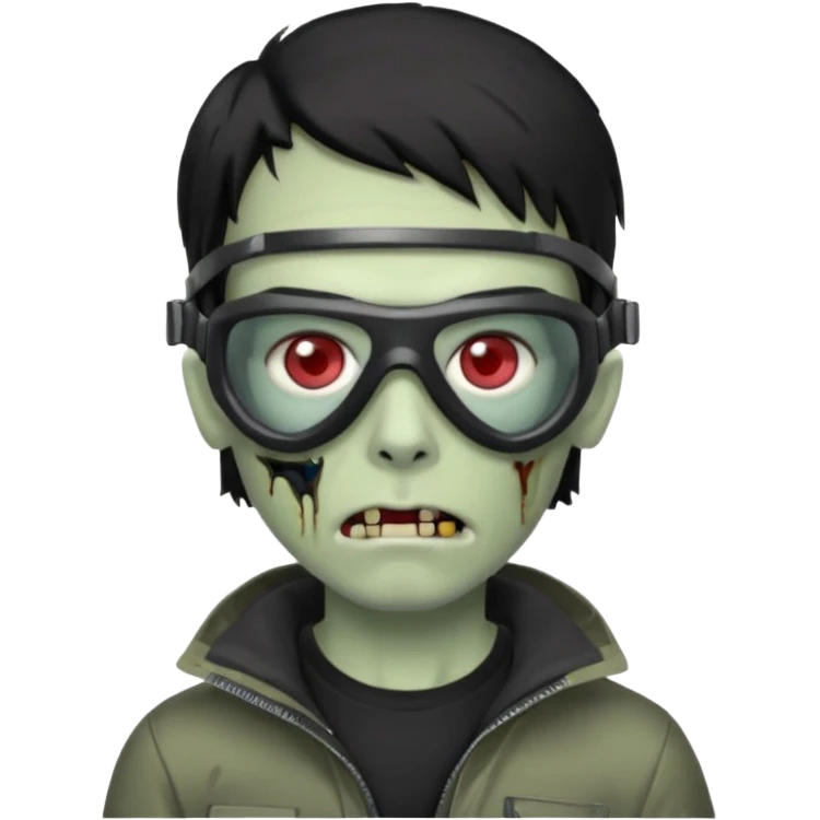 Zombie Emoji AppleIOS Style, lowfade Black Hair, Ski Goggles on right slide of The Head, and Black T-shirt emoji