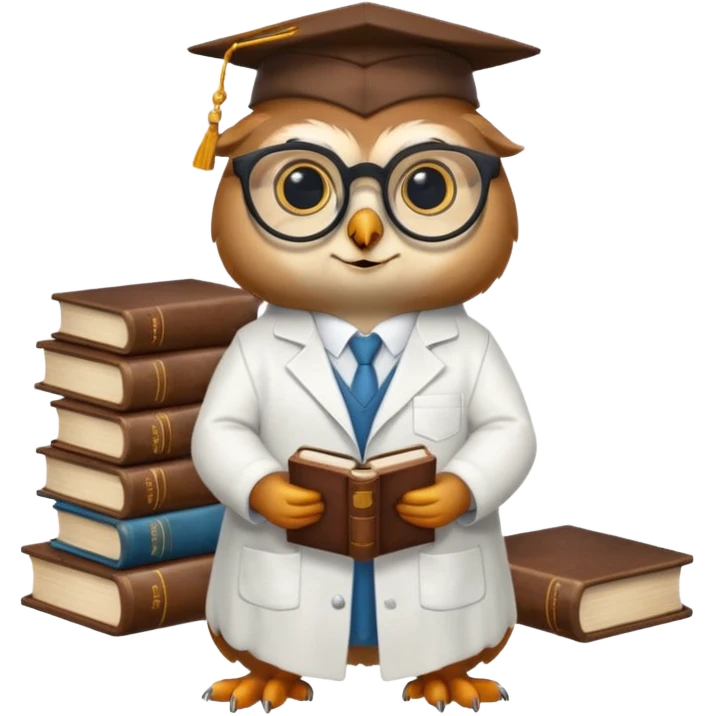 Wise bird with glasses, wearing a lab coat, perched on a stack of books. emoji