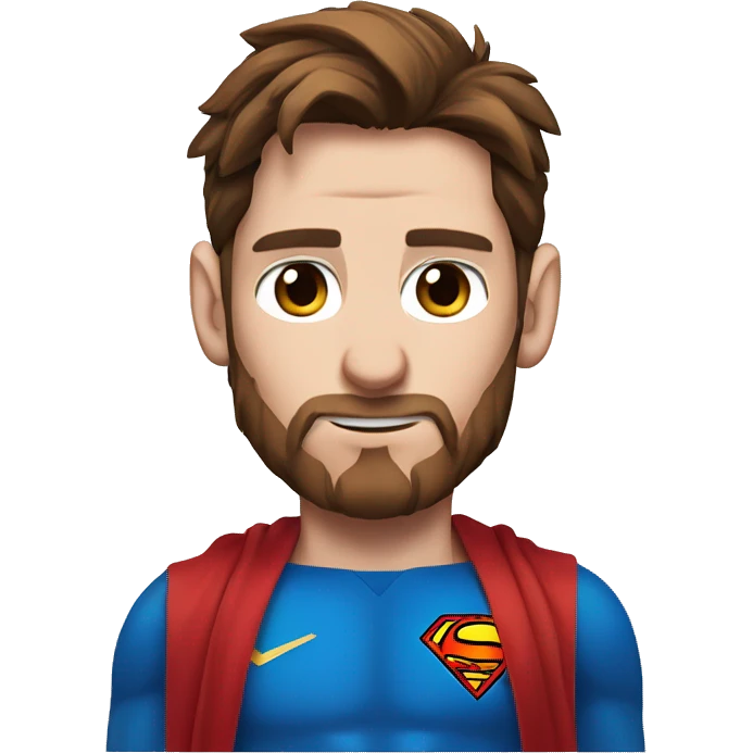 Messi with blue eyes, with a goat, redish brownish hair redish beard, blue eyes, dressed as superman emoji