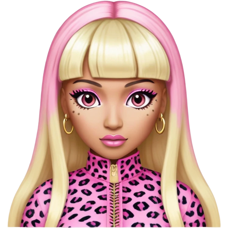 Nicki Minaj in pink and white leopard print outfit from Super Bass music video with bangs and split-dyed hair blonde on left side pink on right side emoji