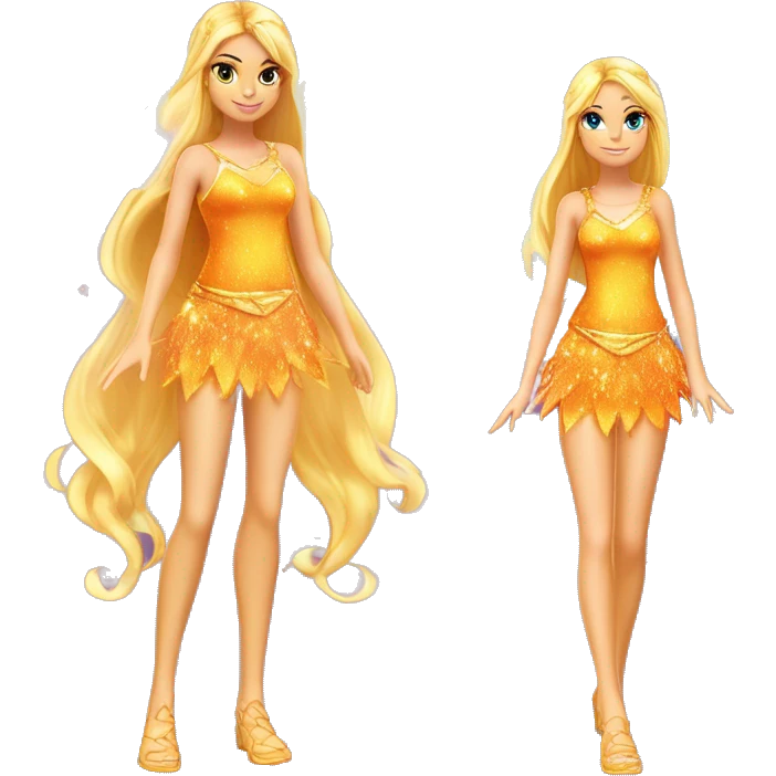 Stella adult latina fairy of the sun and the moon in her enchantix fairy orange two-piece clothing and fairy enchantix wings and long blonde hair from winx club. Lots of sparkles and fairydust. Full body pic and full fairy bliss emoji