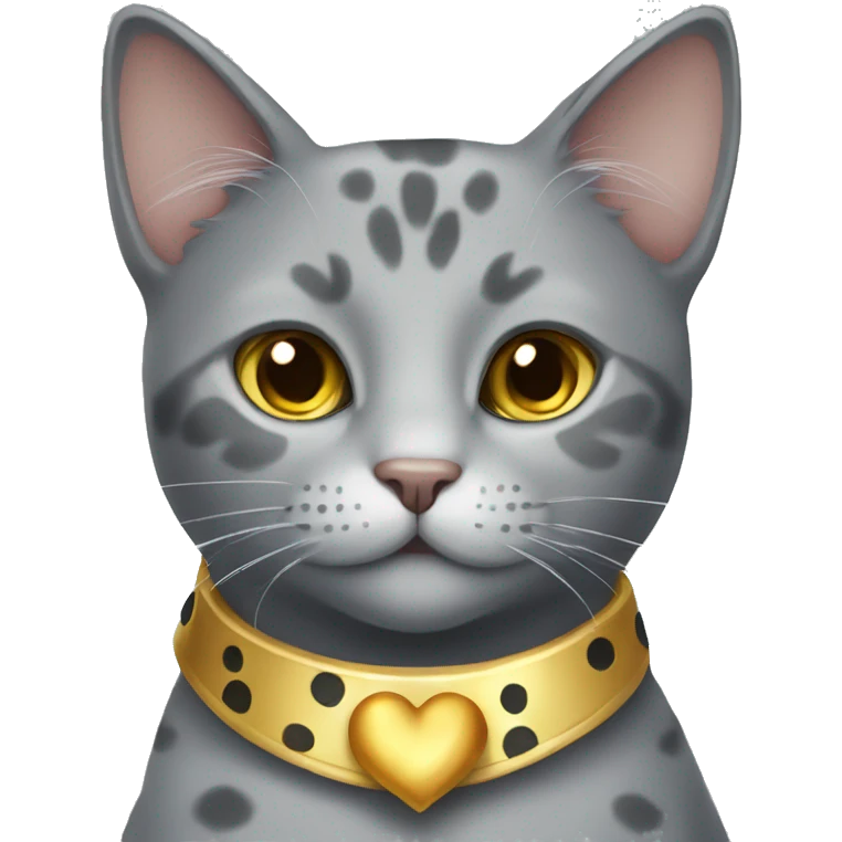 grey cat with spots with golden heart collar emoji