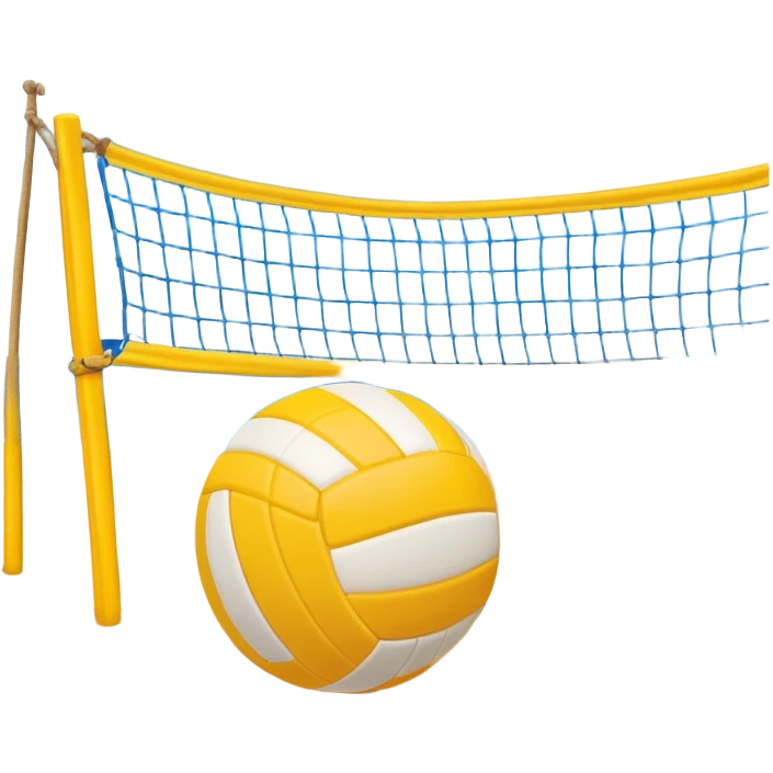 The scene captures the relaxed yet competitive vibe of beach volleyball, with warm sunlight and the natural beauty of the beach. A volleyball resting on the yellow sand on a beach, with the net in the background and a scenic view of the ocean and sky.  emoji