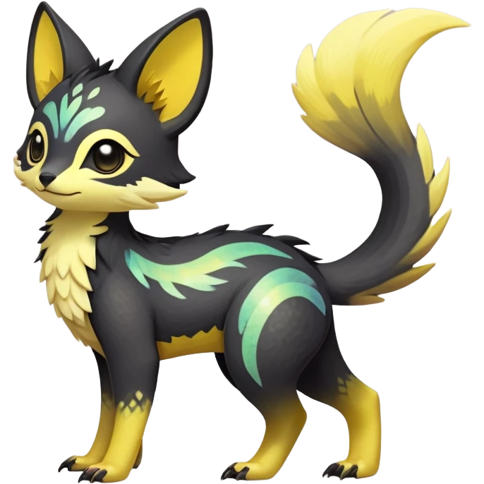 Rare realistic exotic black iridescent warm-yellows pastel gradients cute epic pretty beautiful handsome gorgeous aesthetic colorful vibrant Vernid-Trico-species-Fakemon-creature by LiLaiRa, 4 legs, 1 tail, random markings, (full body) emoji