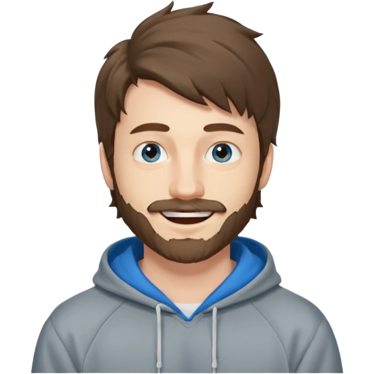 25 year old man, short scruffy beard and thin moustache, brown puffy mullet, blue eyes, big smile, white teeth, big lips, pronounced jaw, hair longer in back, sticking up on top, thin face, grey hooded sweatshirt, pale skin, big smile, blue eyes, puffy hair emoji