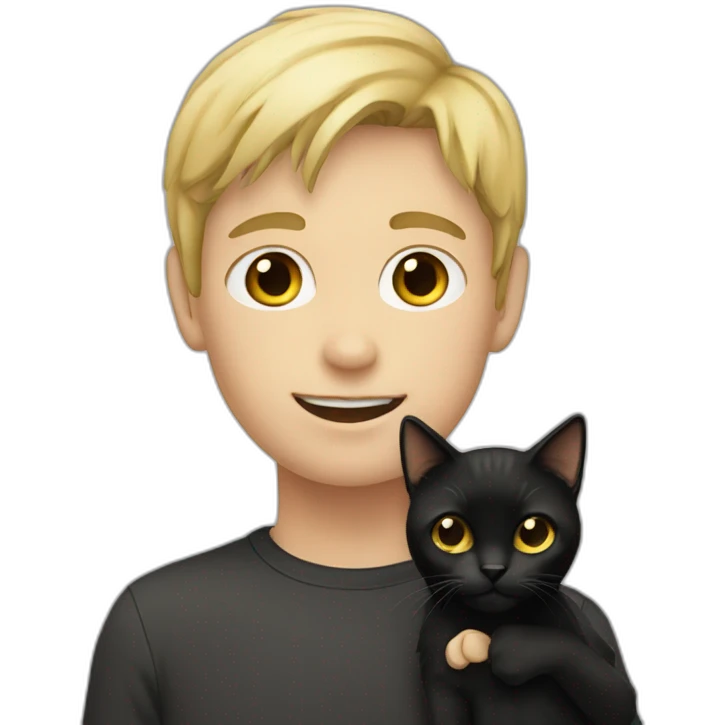 Boy with blonde hair holding a black cat emoji