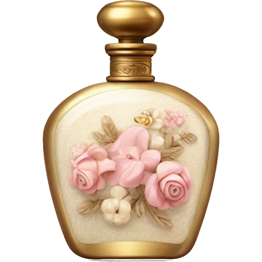 Vintage perfume bottle in antique Greek style, white, pink and beige, oil perfume inside, sequins and flowers fluttering around emoji
