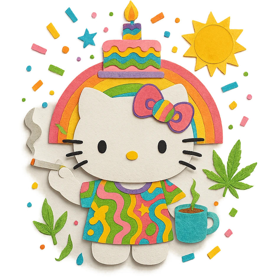 psychedelic maximalist birthday, Hello Kitty, Sunny in Philadelphia, coffee, cigarettes, weed, giant cake, confetti, rainbow palette, trippy patterns emoji